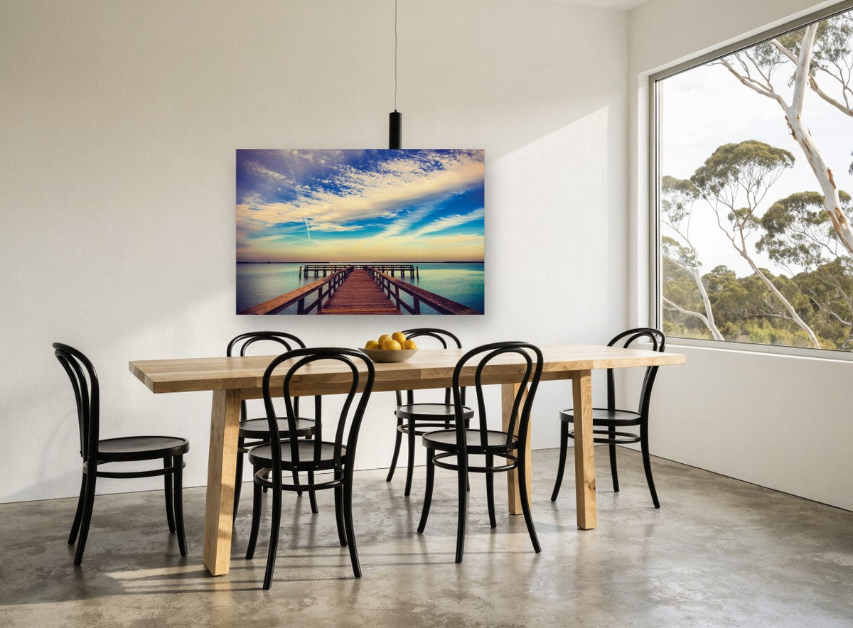Teal Horizon Jetty landscape canvas print on the wall of a dining room
