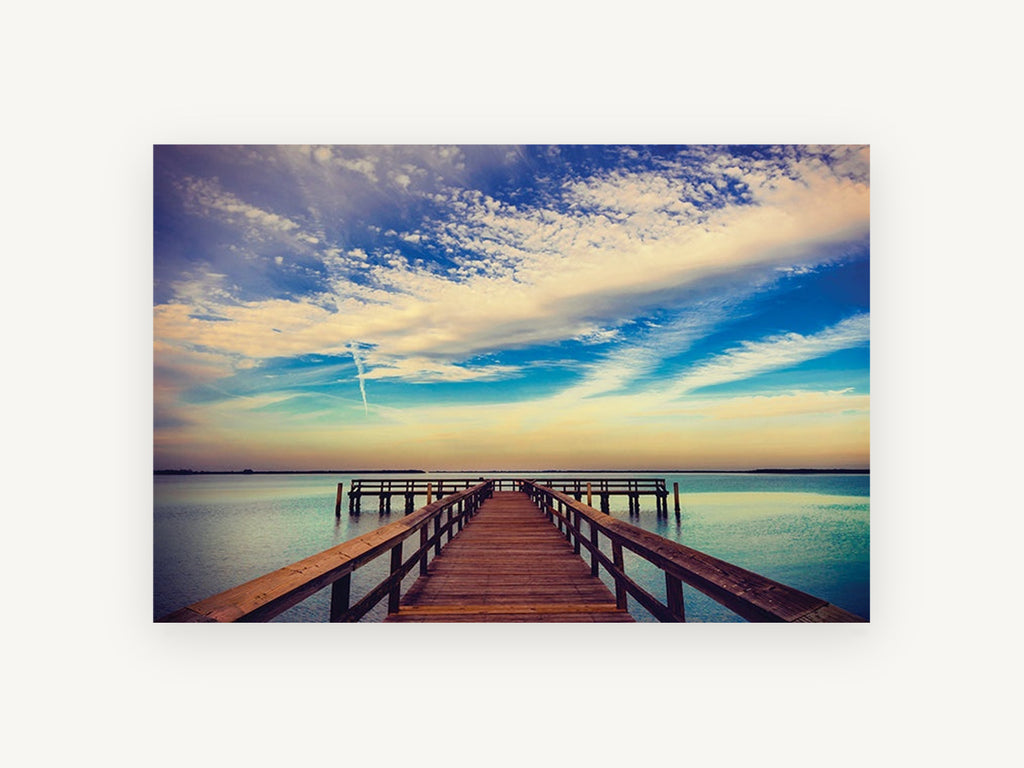 Teal Horizon Jetty, wooden pier sunrise lake photograph, landscape canvas wall art print, front view