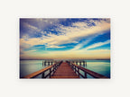 Teal Horizon Jetty, wooden pier sunrise lake photograph, landscape canvas wall art print, front view