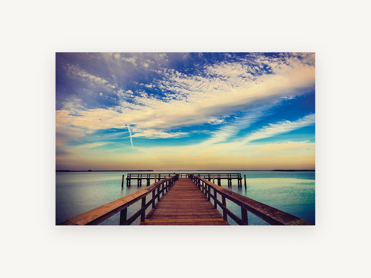 Teal Horizon Jetty, wooden pier sunrise lake photograph, landscape canvas wall art print, front view