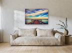 Teal Horizon Jetty landscape canvas print on the wall of a living room