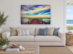 Teal Horizon Jetty landscape canvas print on the wall of a beach house living room