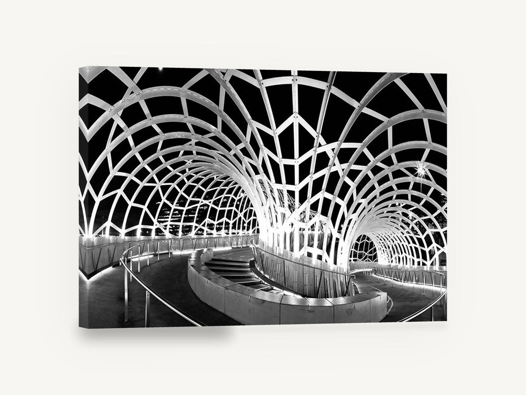 Webb Bridge Night Arches, webb bridge docklands black and white photograph, city canvas wall art print ready to hang