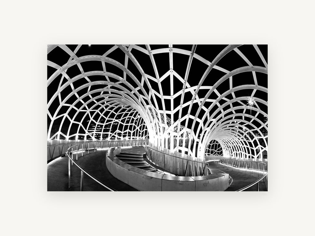 Webb Bridge Night Arches, webb bridge docklands black and white photograph, city canvas wall art print, front view