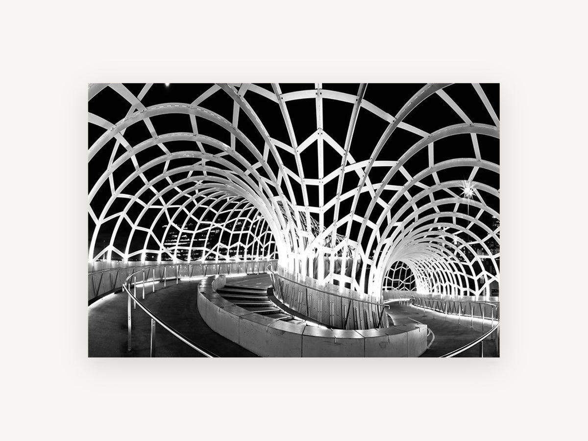 Webb Bridge Night Arches, webb bridge docklands black and white photograph, city canvas wall art print, front view
