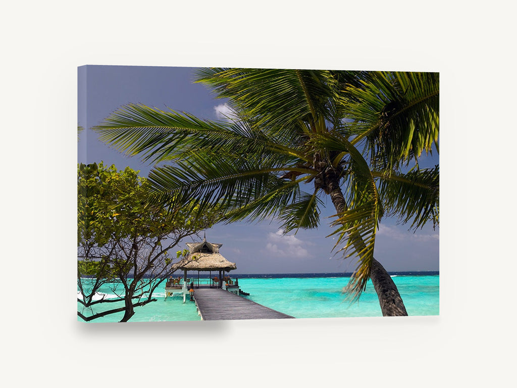 Palm Over the Jetty, tropical jetty palm tree photograph, coastal canvas wall art print ready to hang