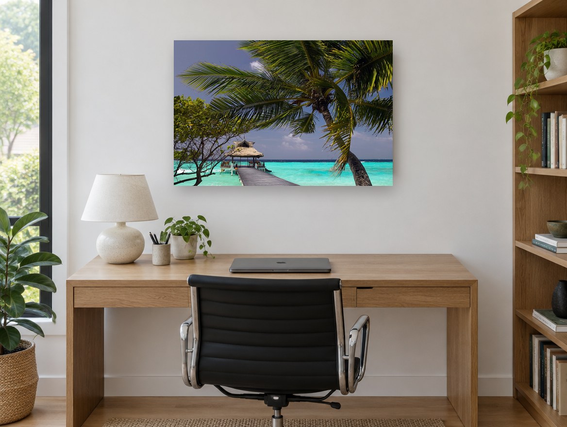 Palm Over the Jetty coastal canvas print on the wall of a study