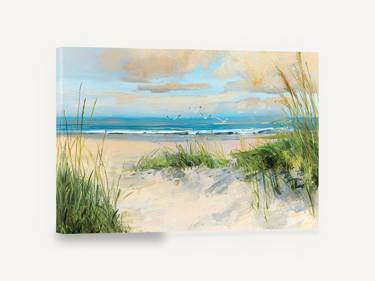 Dune Path Gulls, beach dunes seagulls seascape painting, coastal canvas wall art print ready to hang