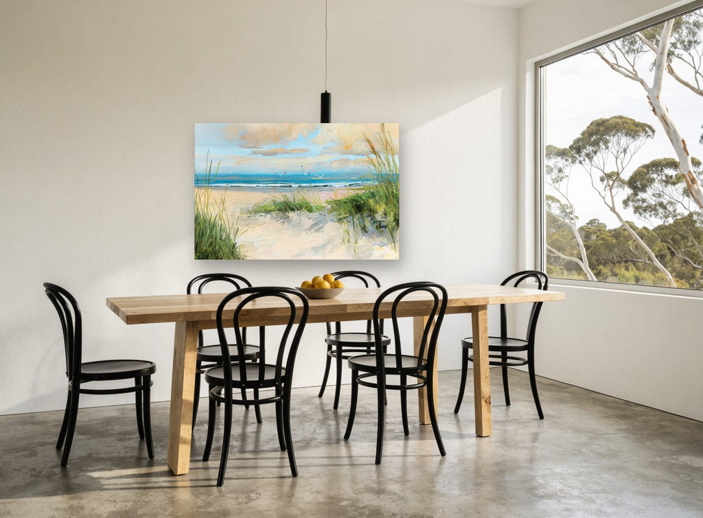 Dune Path Gulls coastal canvas print on the wall of a dining room
