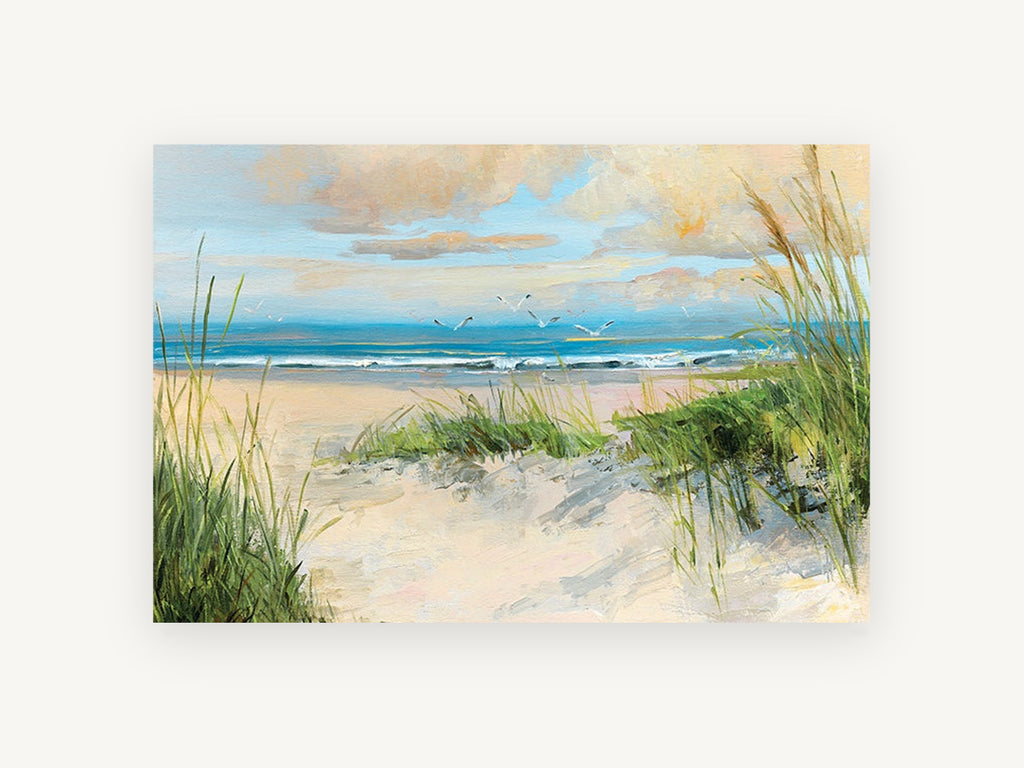 Dune Path Gulls, coastal canvas wall art print, front view