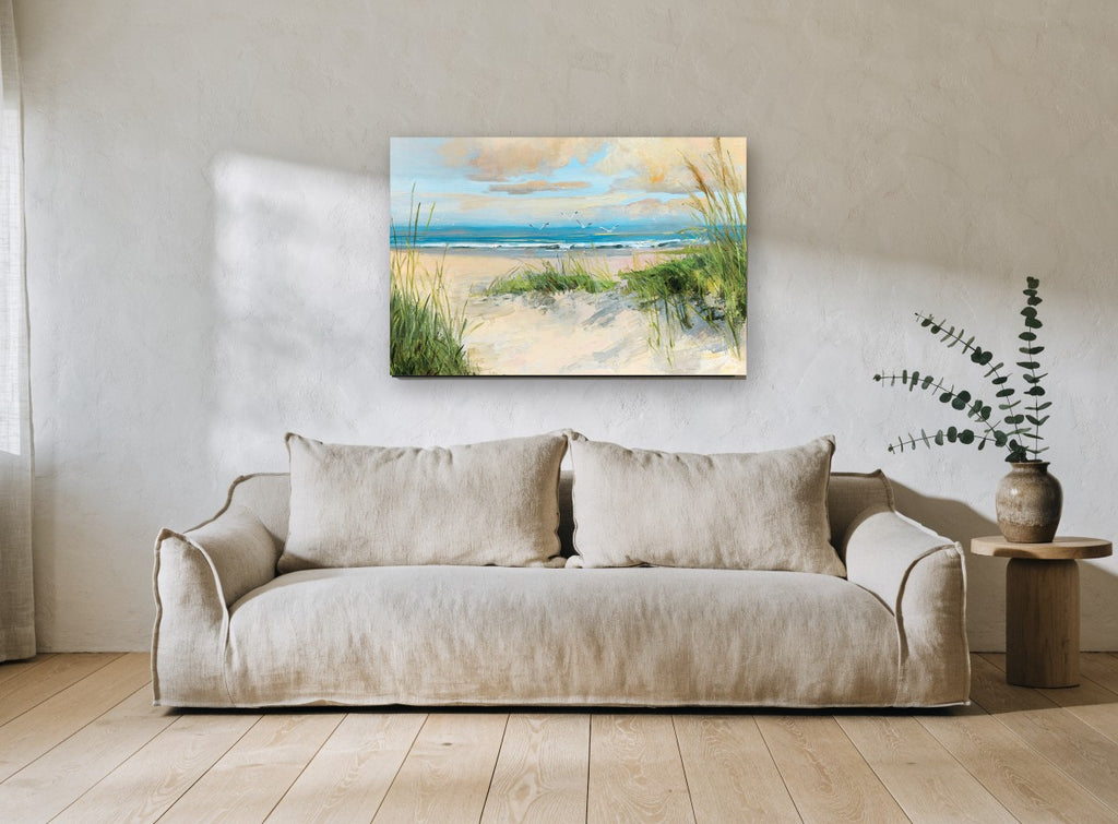 Dune Path Gulls coastal canvas print on the wall of a living room
