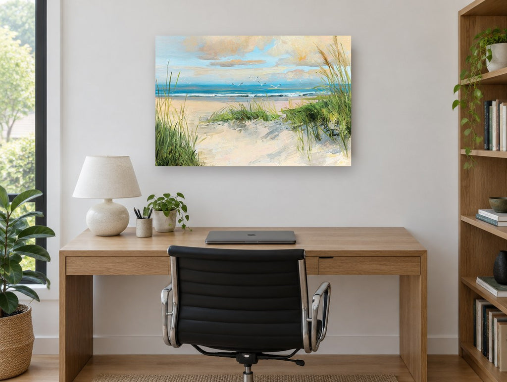 Dune Path Gulls coastal canvas print on the wall of a study