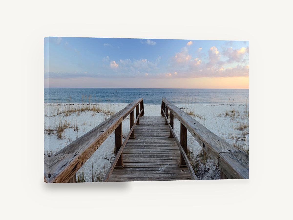 Boardwalk to Calm Sea, beach boardwalk sunset photograph, coastal canvas wall art print ready to hang