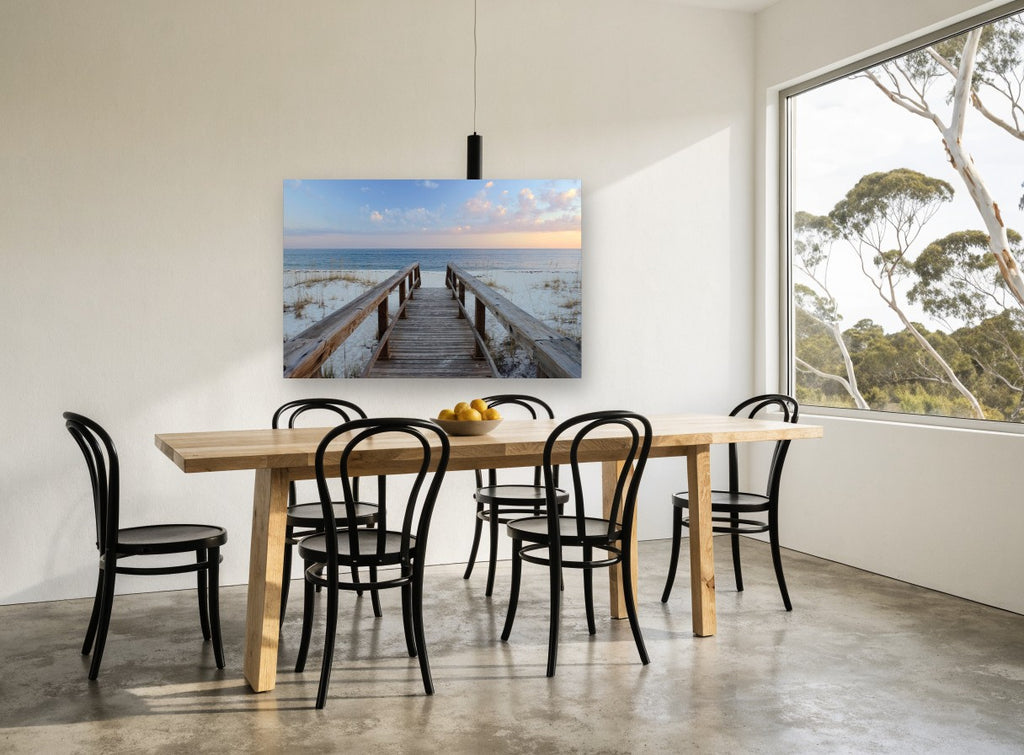 Boardwalk to Calm Sea coastal canvas print on the wall of a dining room