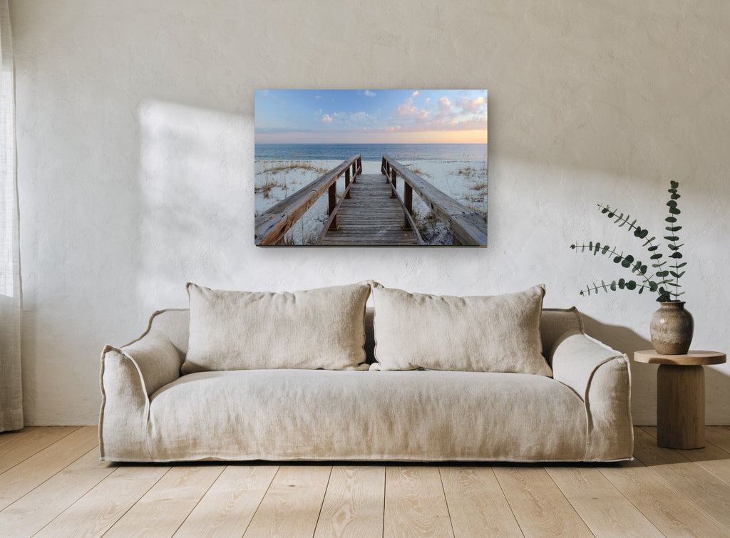 Boardwalk to Calm Sea coastal canvas print on the wall of a living room