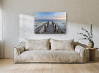 Boardwalk to Calm Sea coastal canvas print on the wall of a living room