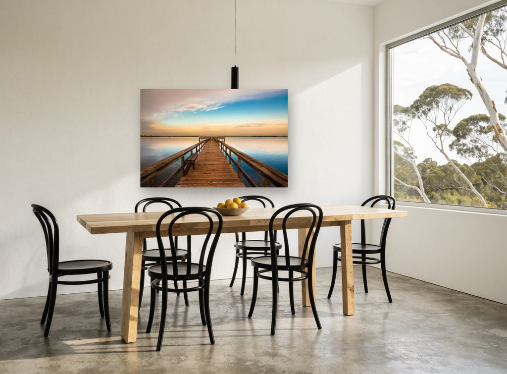 Jetty at Dusk Calm landscape canvas print on the wall of a dining room