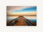 Jetty at Dusk Calm, timber jetty calm bay photograph, landscape canvas wall art print, front view