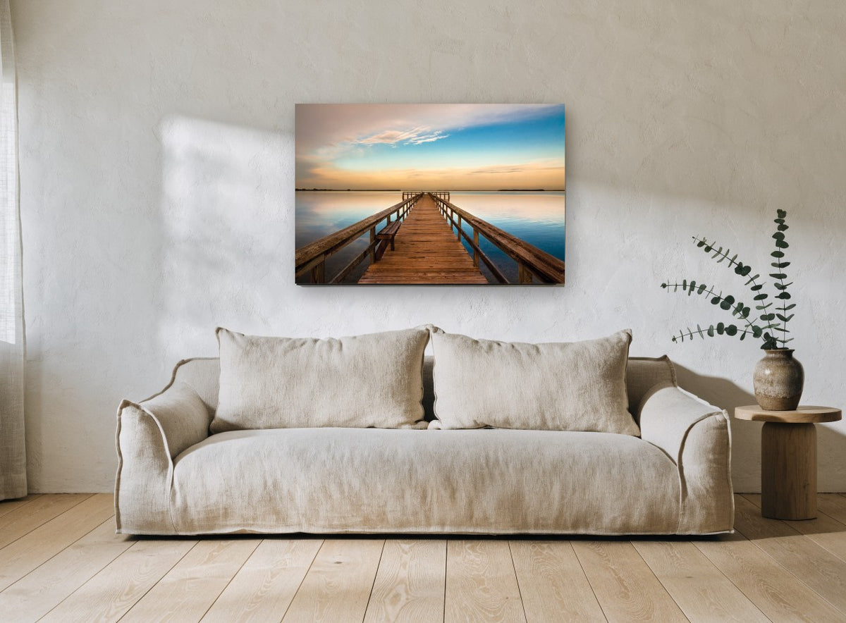 Jetty at Dusk Calm landscape canvas print on the wall of a living room