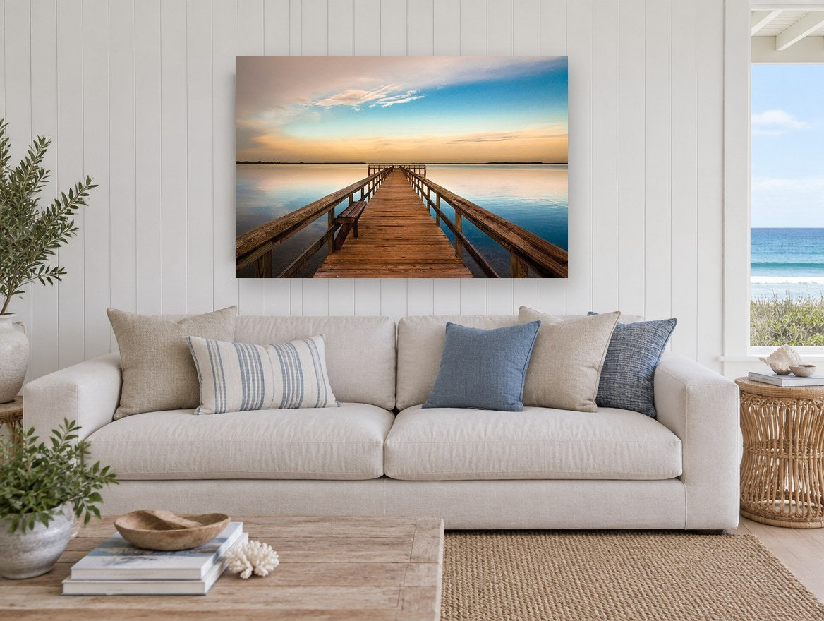 Jetty at Dusk Calm landscape canvas print on the wall of a beach house living room