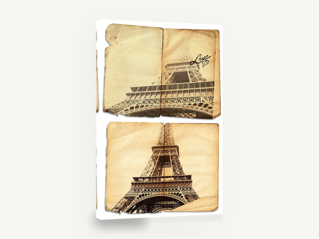 Eiffel Tower Love Pages, vintage eiffel tower collage, city canvas wall art print ready to hang