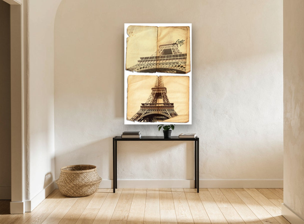 Eiffel Tower Love Pages city canvas print on the wall of a hallway