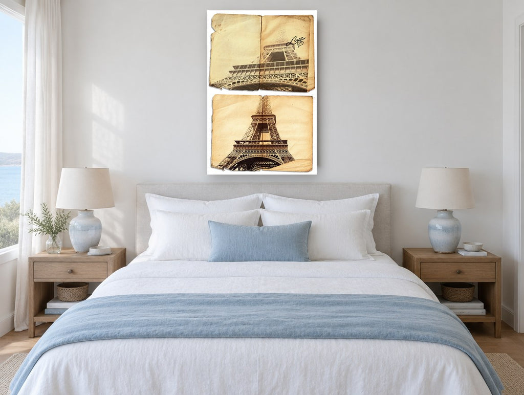 Eiffel Tower Love Pages city canvas print on the wall of a bedroom