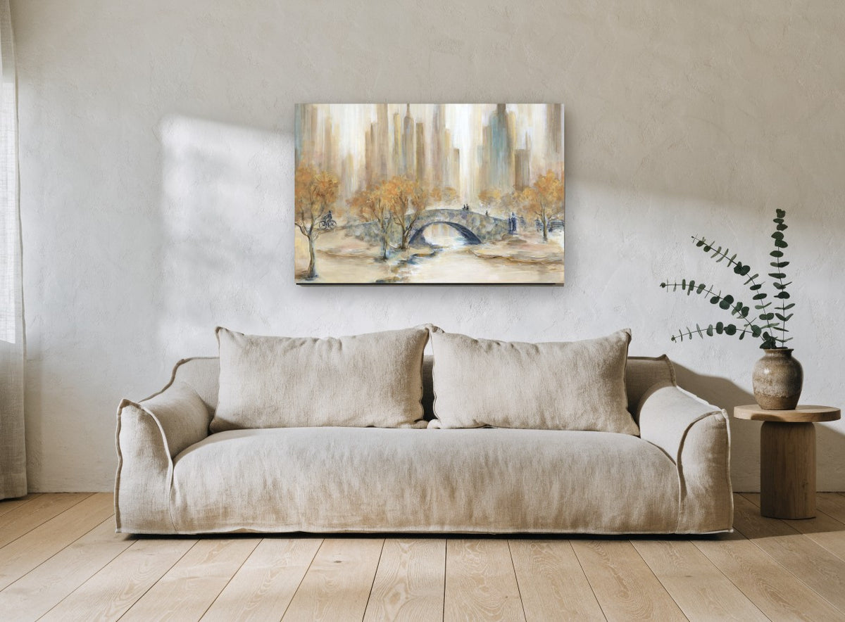Autumn Stone Arch city canvas print on the wall of a living room