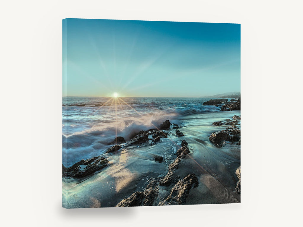Starburst Over Rocky Shore, sunset starburst rocky beach photograph, coastal canvas wall art print ready to hang