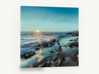 Starburst Over Rocky Shore, sunset starburst rocky beach photograph, coastal canvas wall art print ready to hang