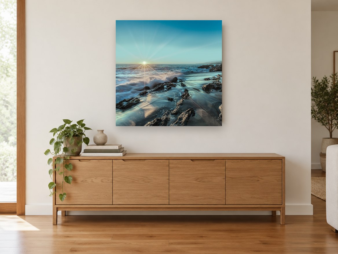 Starburst Over Rocky Shore coastal canvas print on the wall of a living room above a sideboard