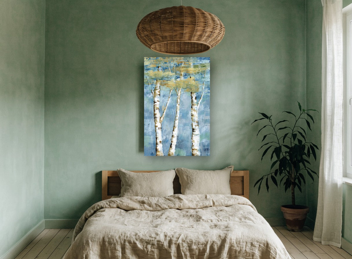Gilded Birch Trio landscape canvas print on the wall of a bedroom