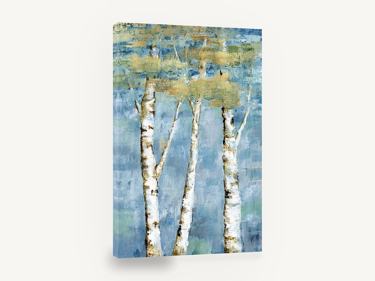 Gilded Birch Trio, blue and gold birch tree painting, landscape canvas wall art print ready to hang