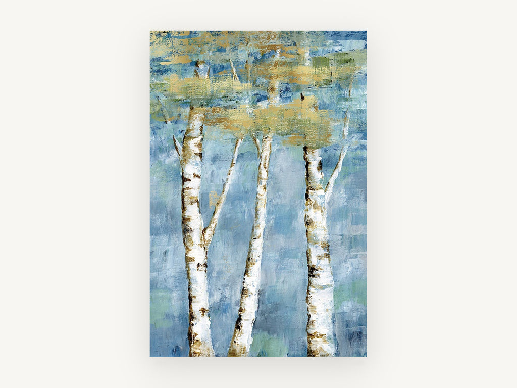 Gilded Birch Trio, blue and gold birch tree painting, landscape canvas wall art print, front view