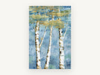 Gilded Birch Trio, blue and gold birch tree painting, landscape canvas wall art print, front view