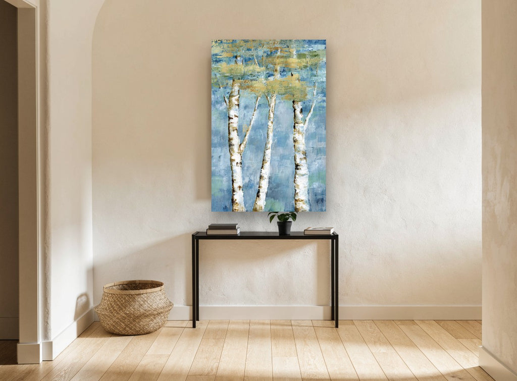 Gilded Birch Trio landscape canvas print on the wall of a hallway