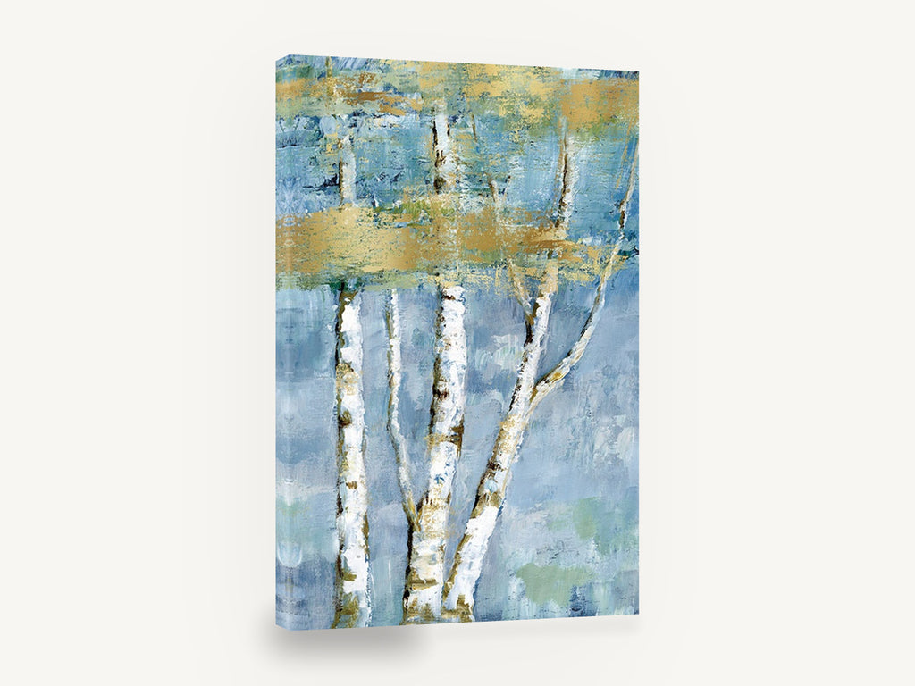 Gilded Birch Haze, blue and gold birch tree painting, landscape canvas wall art print ready to hang
