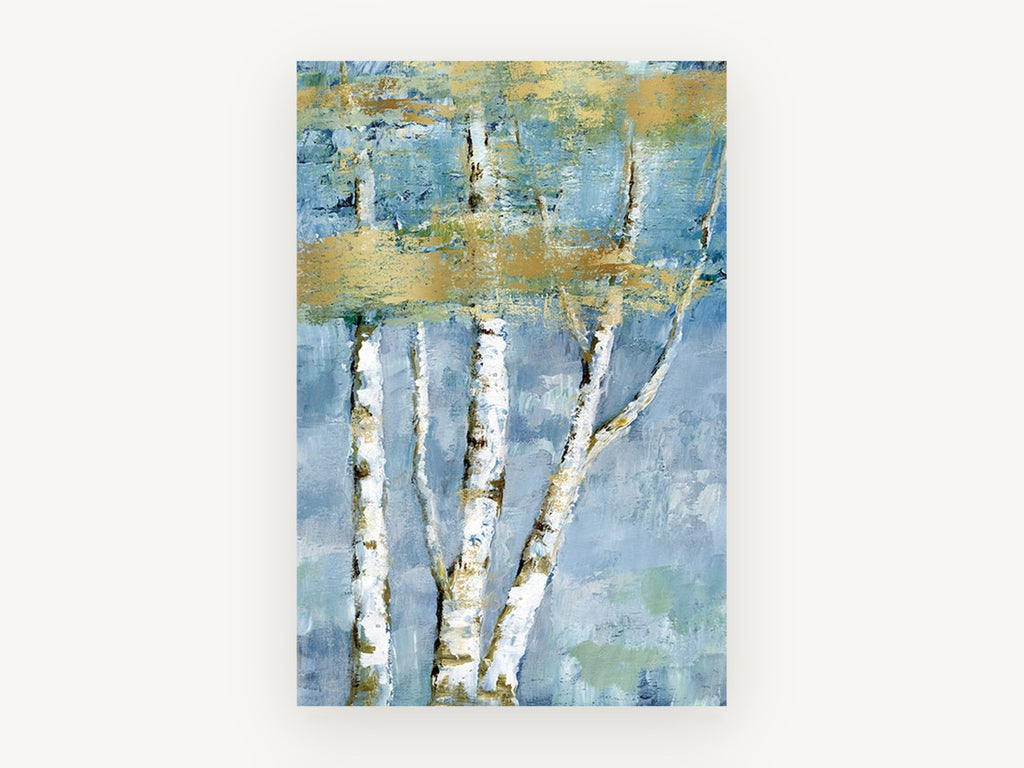 Gilded Birch Haze, blue and gold birch tree painting, landscape canvas wall art print, front view