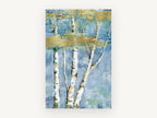 Gilded Birch Haze, blue and gold birch tree painting, landscape canvas wall art print, front view