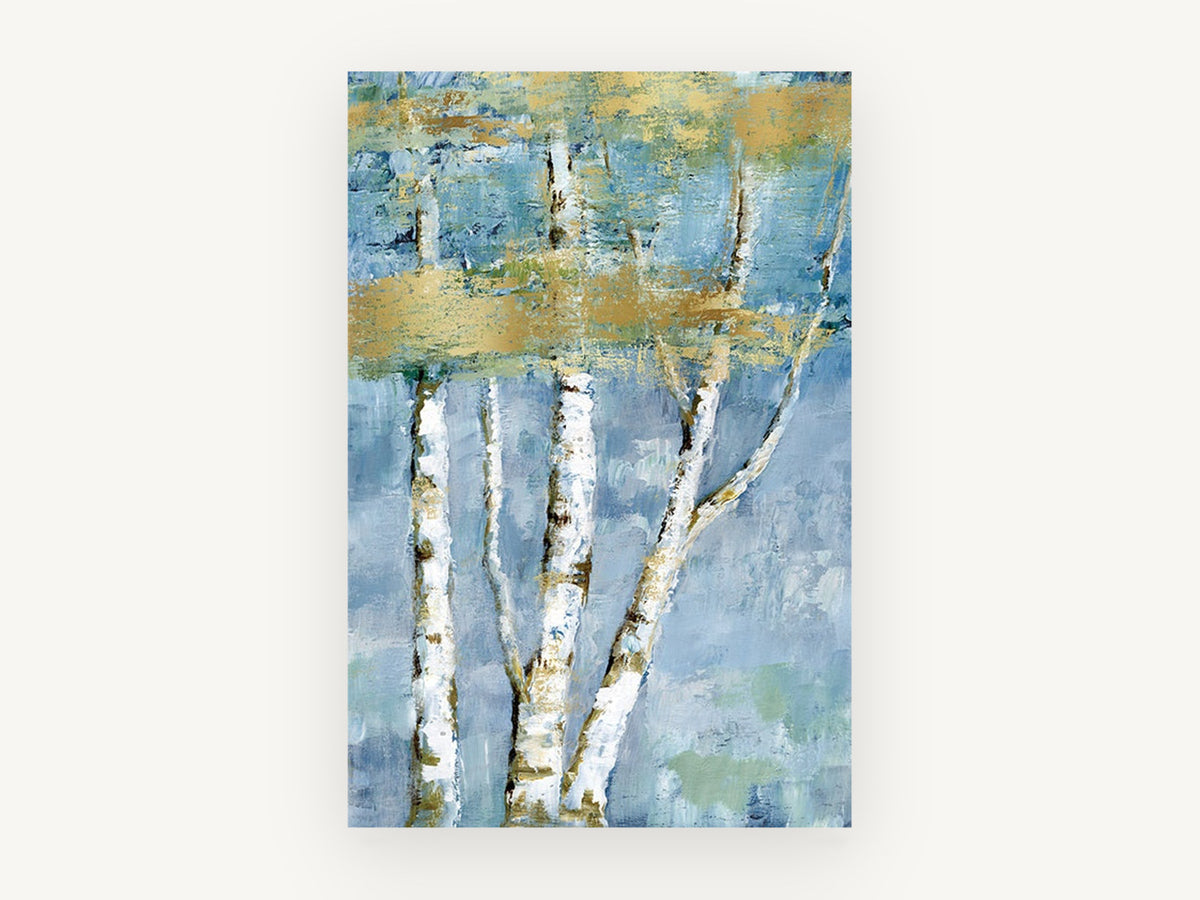 Gilded Birch Haze, blue and gold birch tree painting, landscape canvas wall art print, front view