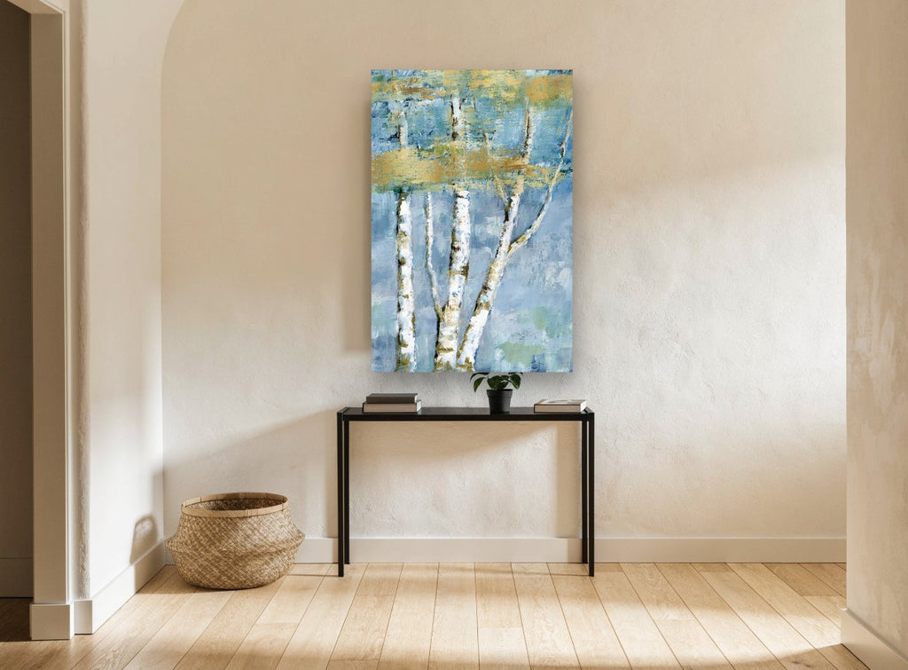 Gilded Birch Haze landscape canvas print on the wall of a hallway