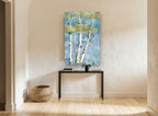 Gilded Birch Haze landscape canvas print on the wall of a hallway
