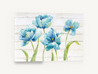 Blue Tulips on Shiplap, blue tulip watercolour floral on wood, floral canvas wall art print ready to hang