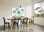 Blue Tulips on Shiplap floral canvas print on the wall of a dining room