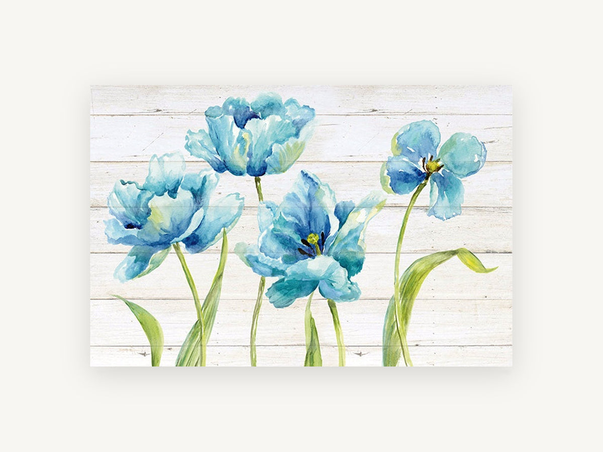 Blue Tulips on Shiplap, floral canvas wall art print, front view
