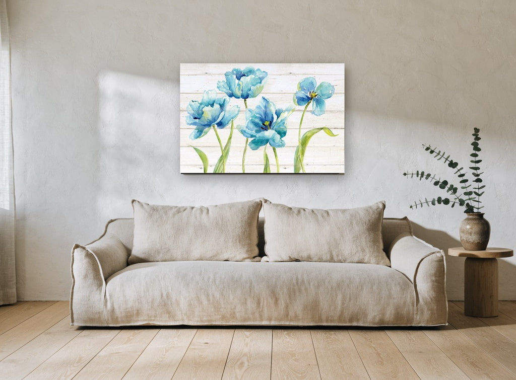 Blue Tulips on Shiplap floral canvas print on the wall of a living room