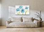 Blue Tulips on Shiplap floral canvas print on the wall of a living room