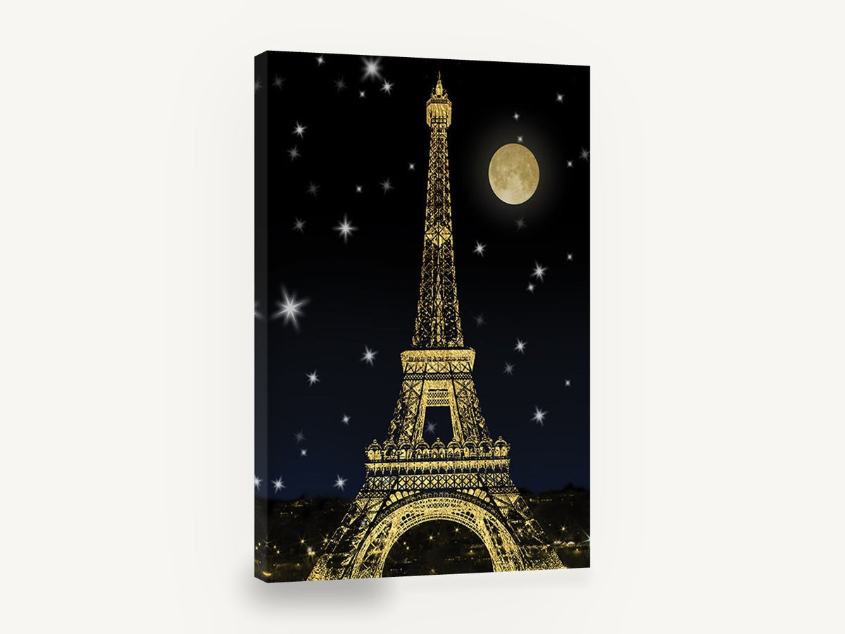 Golden Eiffel Moonlight, golden eiffel tower night moon, city canvas wall art print ready to hang