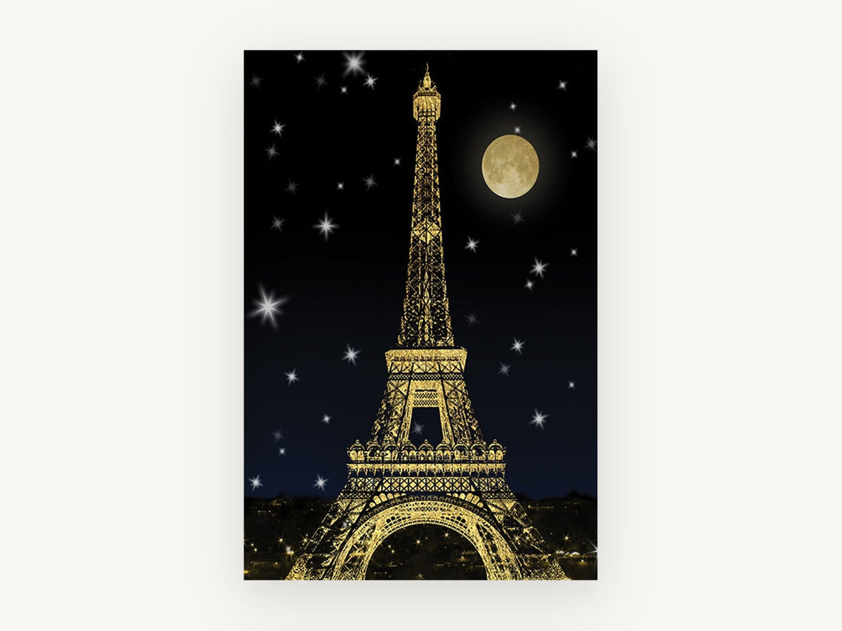 Golden Eiffel Moonlight, golden eiffel tower night moon, city canvas wall art print, front view
