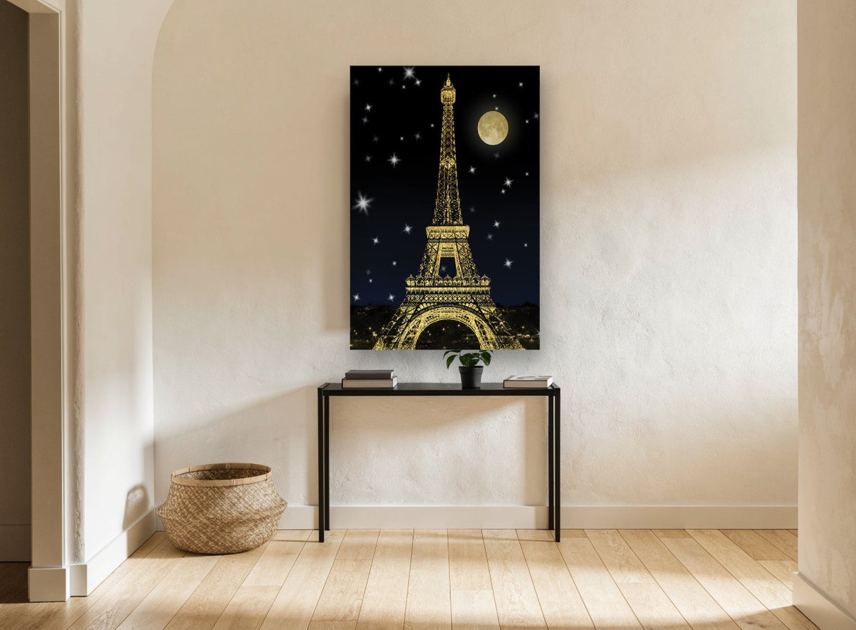 Golden Eiffel Moonlight city canvas print on the wall of a hallway
